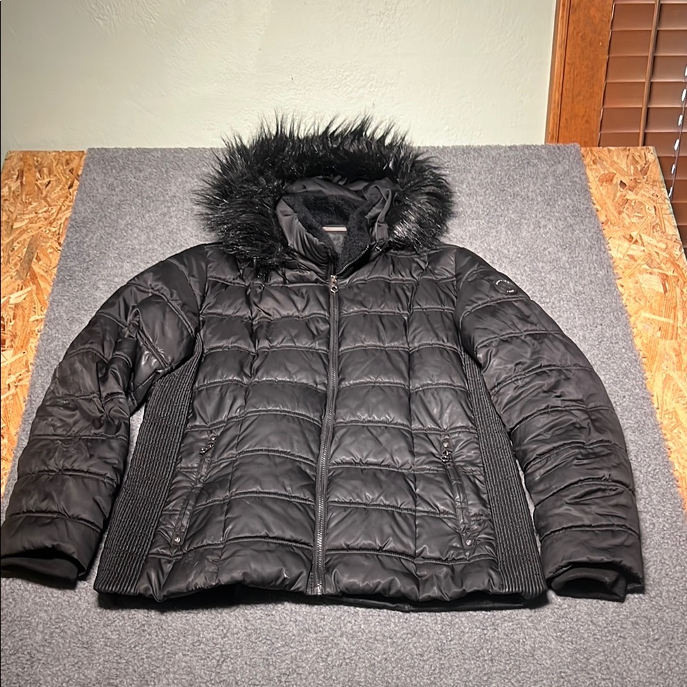 Nautica Women's Black Puffer Jacket with Faux Fur Hood